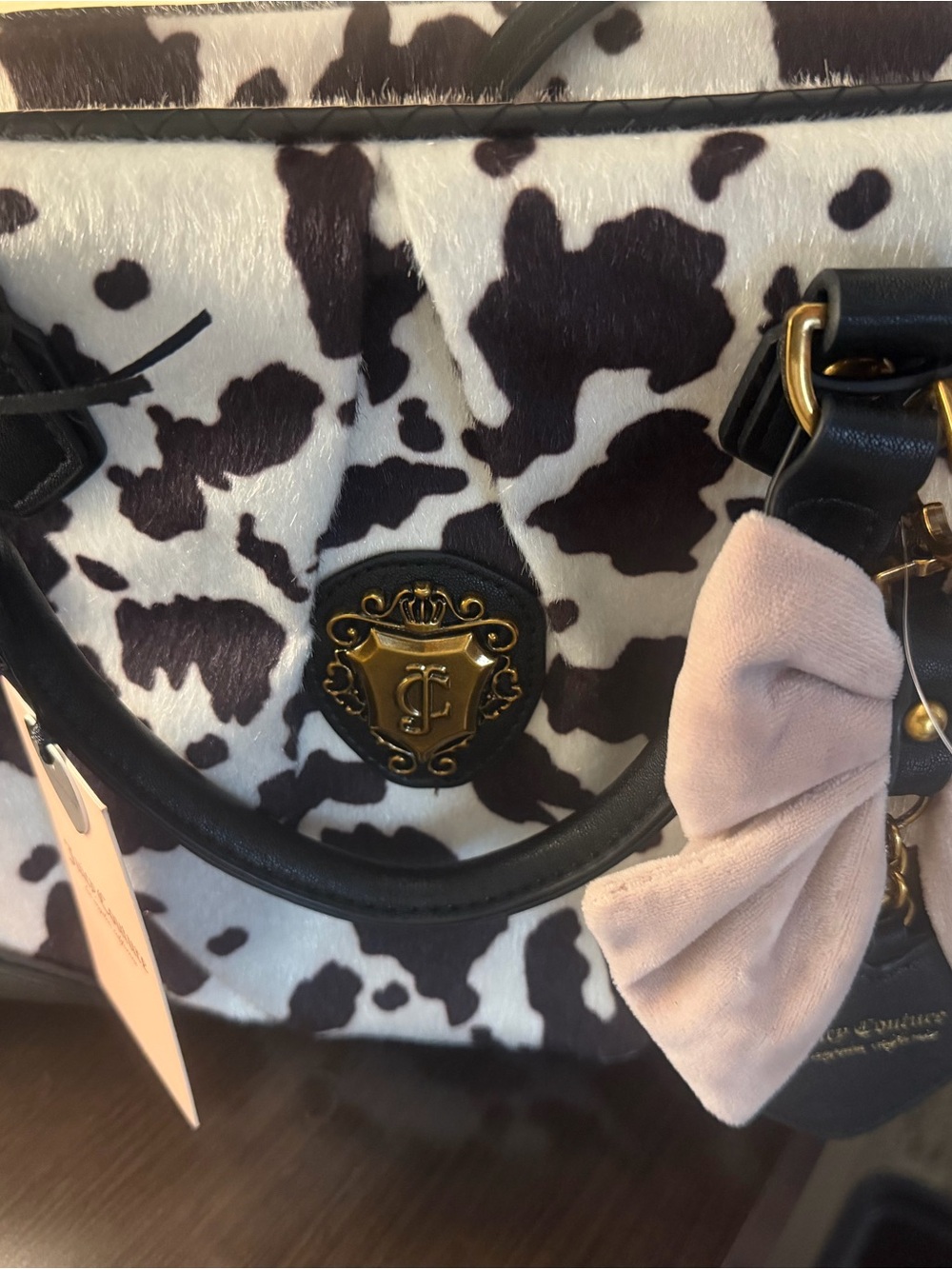 Juicy Couture Black and White Romance Cowhide Satchel with Pink Bow